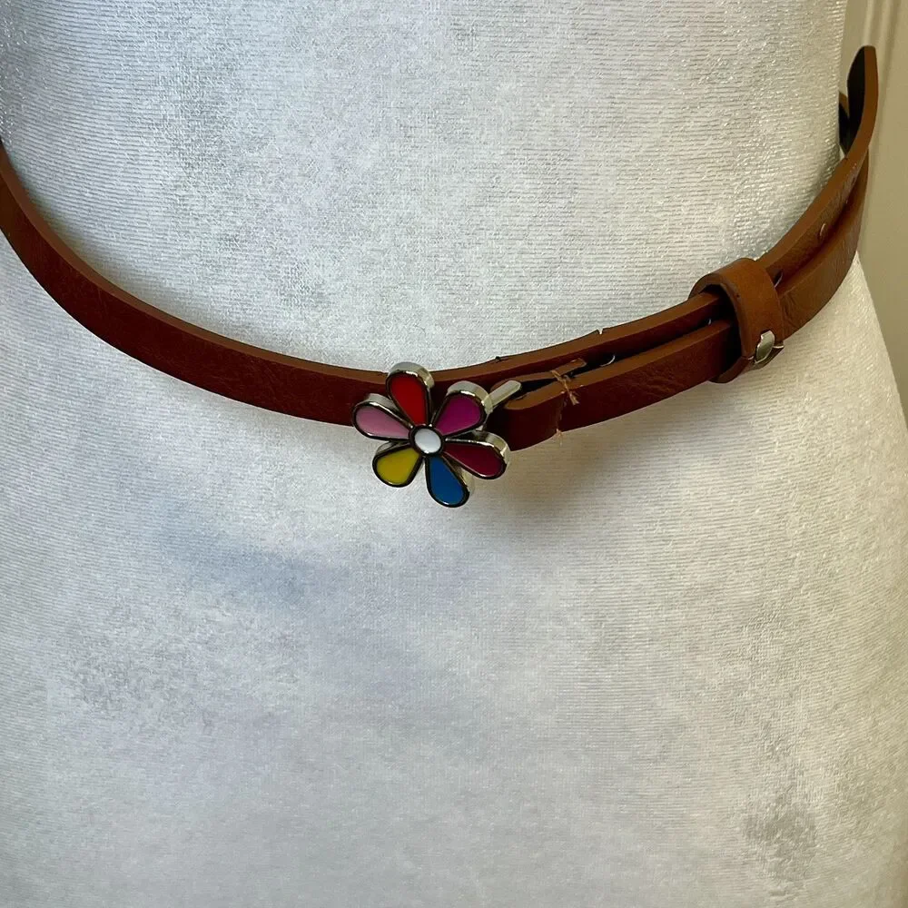 BOHO‎ FAUX LEATHER SKINNY BELT COLORFUL ENAMEL FLOWER BUCKLE. 60's Hippie Vibe